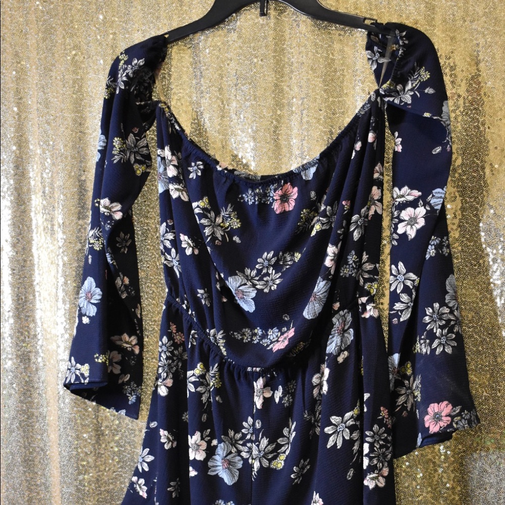 Floral Blue Romper with off the shoulder sleeves